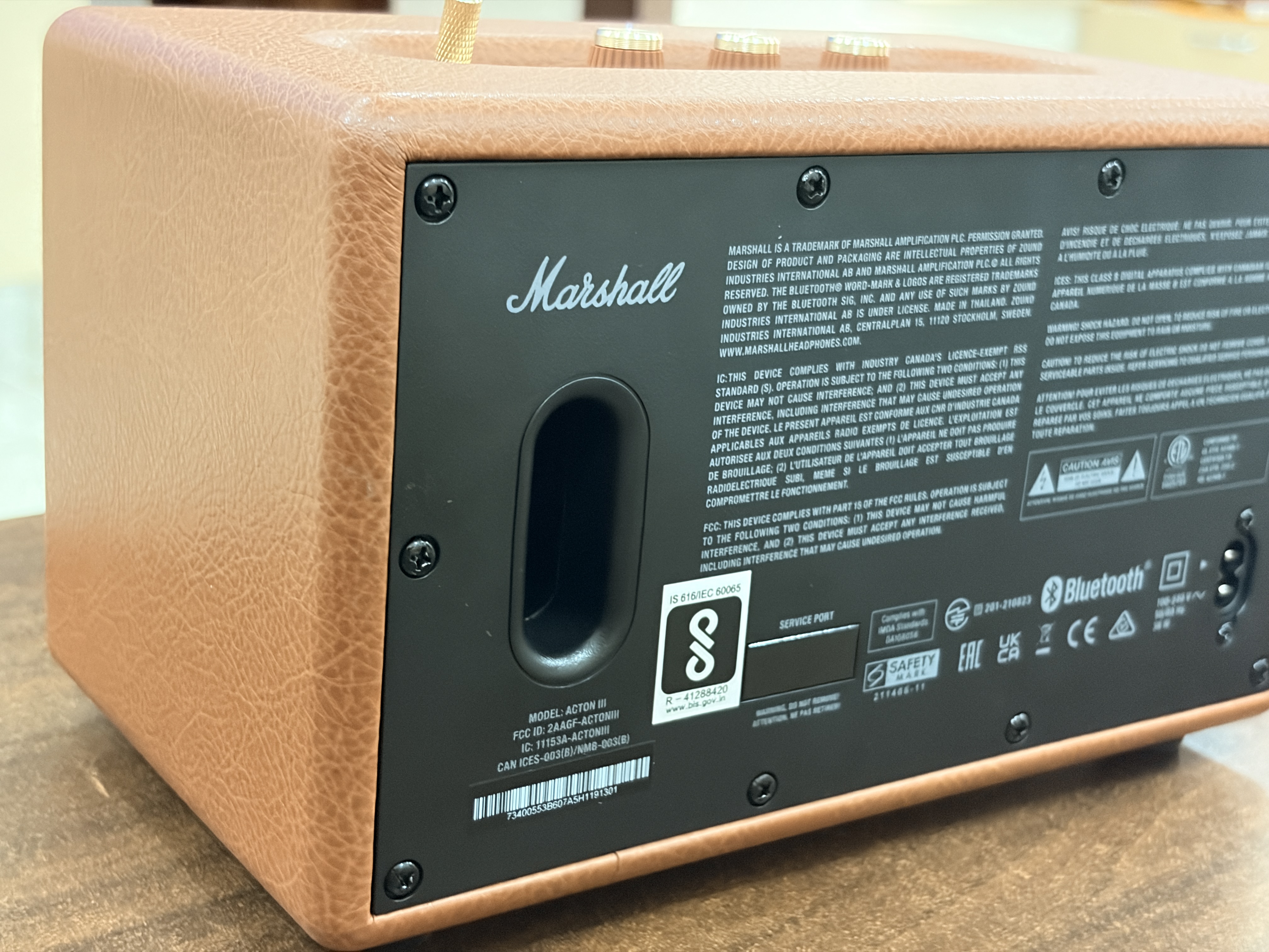 Marshall Acton III rear panel showing passive radiator port and model label
